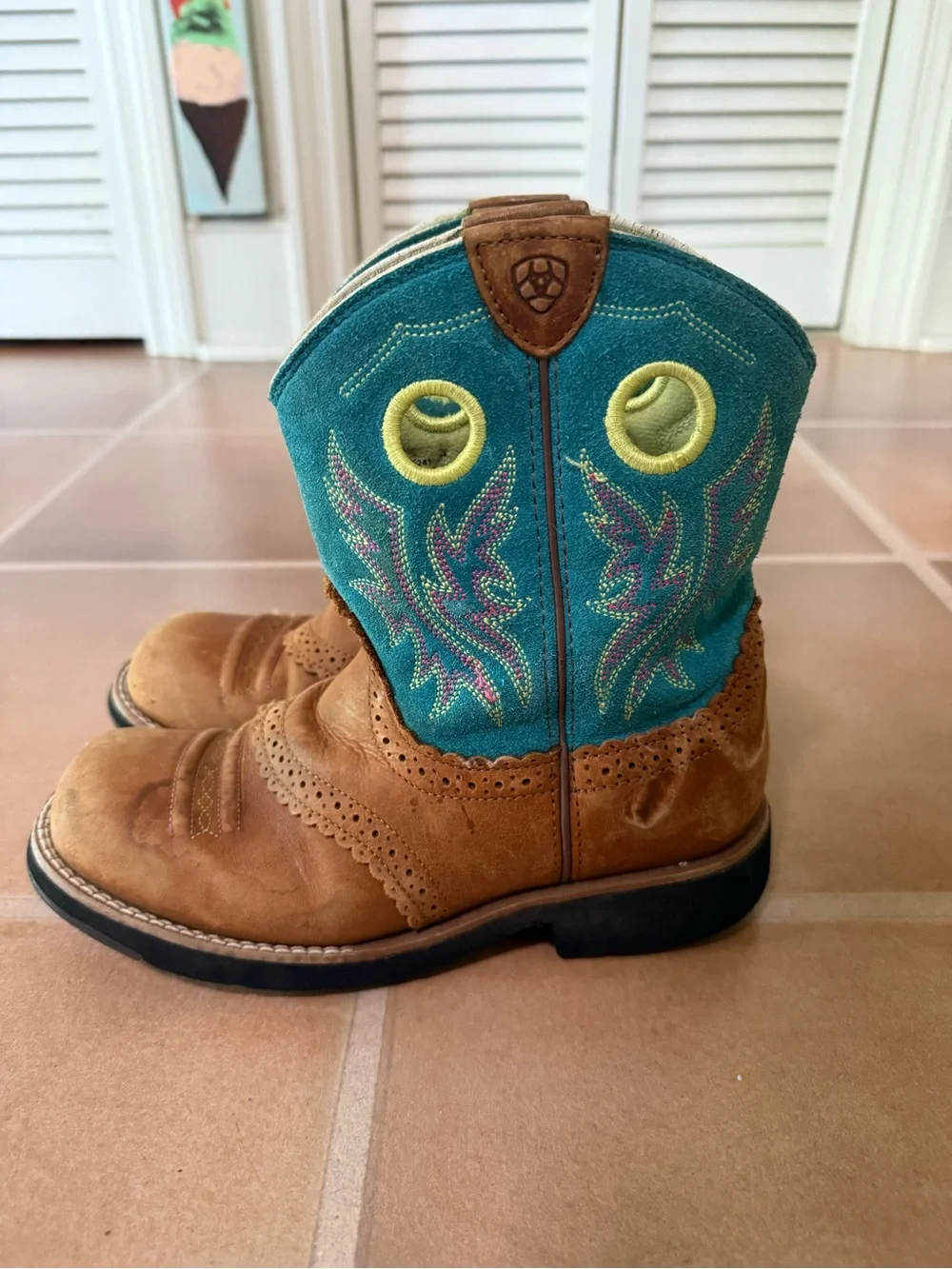 Arita Kids Western Pull-On Boots with Teal Shaft and Brown Leather 4.5